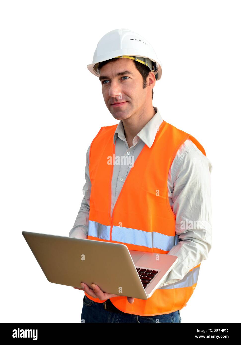 portrait isolated friendly architect with notebook on white background Stock Photo