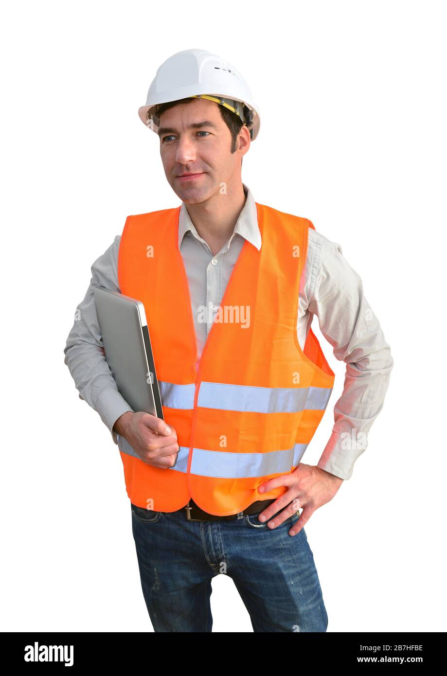 portrait isolated friendly architect with notebook on white background Stock Photo