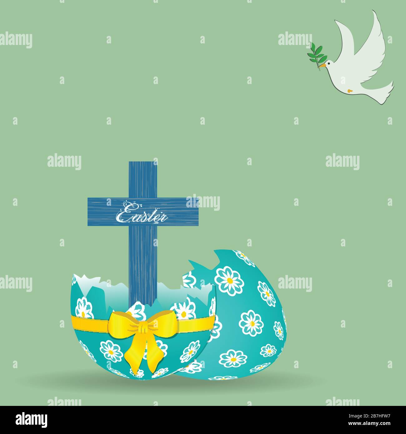 Wooden Blue Cross With Easter Decorative Text Coming Out From Broken Decorated Easter Egg With Yellow Bow And Ribbon Over Light Green Background With Stock Vector