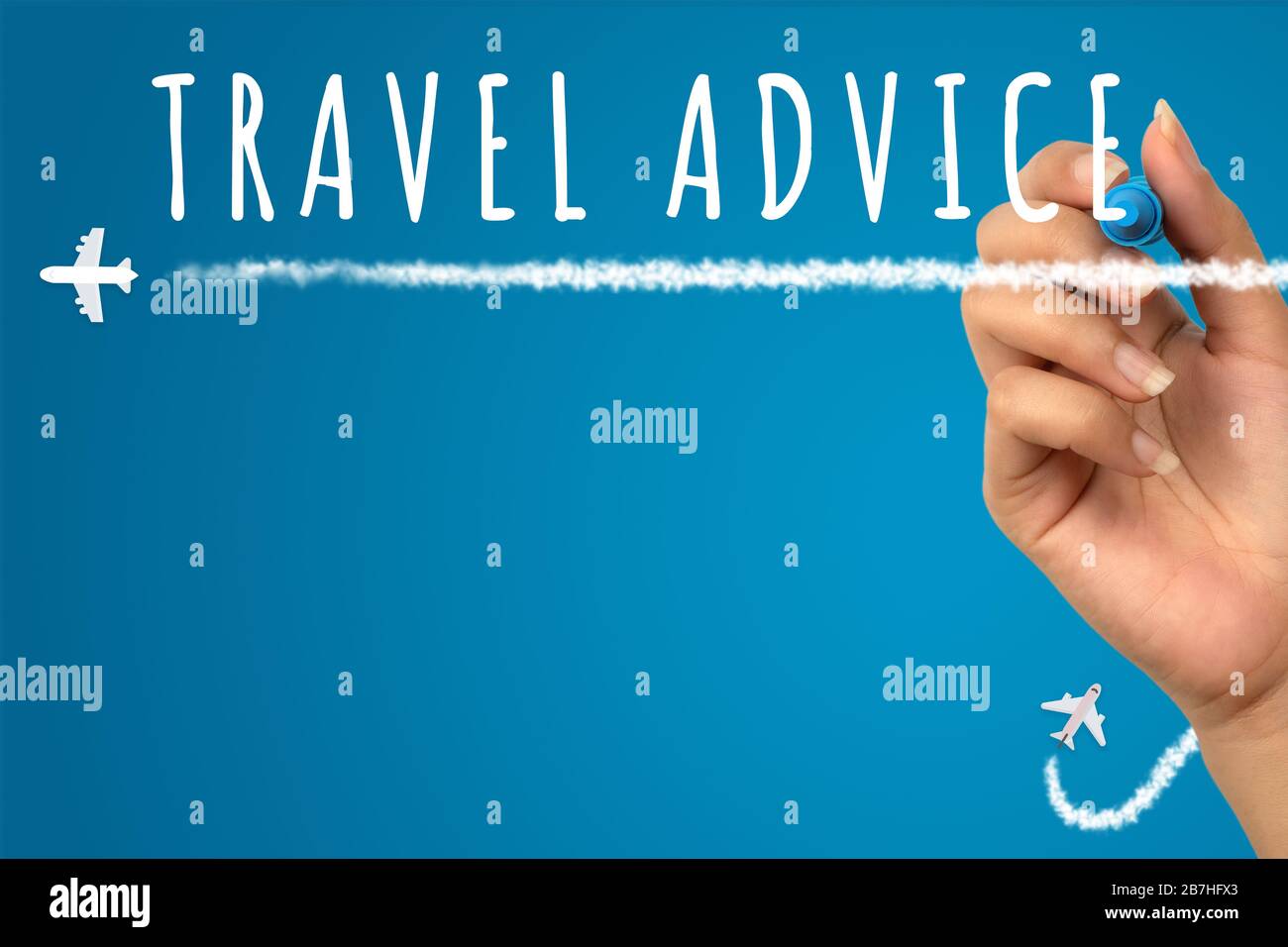 Latest flight travel advice, handwritten sign with plane icons and space for copy - Trip journey advisory information for delays and transport cancellations - update, communication and advise concept Stock Photo
