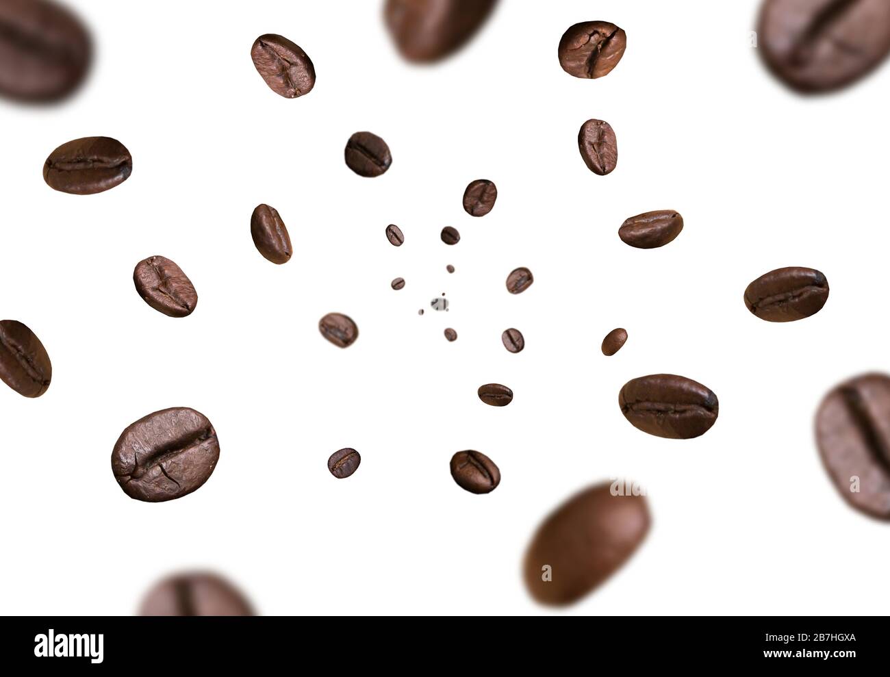 Dark brown roasted coffee beans falling on white background. Concept for coffee product advertising. Selective Focus. Stock Photo