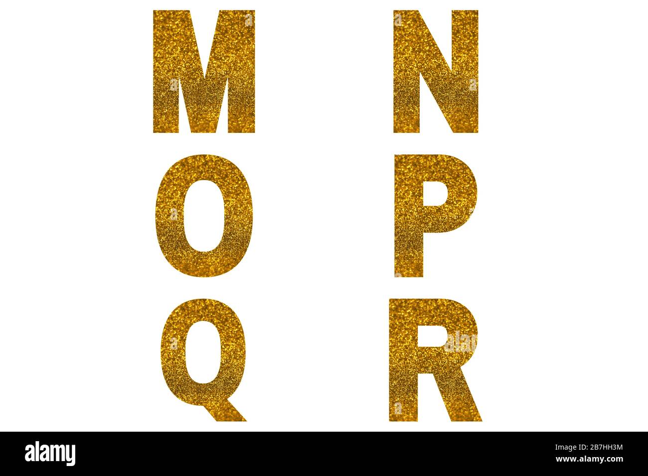 Golden font Alphabet m, n, o, p, q, r made of golden sparkle background. Festive alphabet. Stock Photo