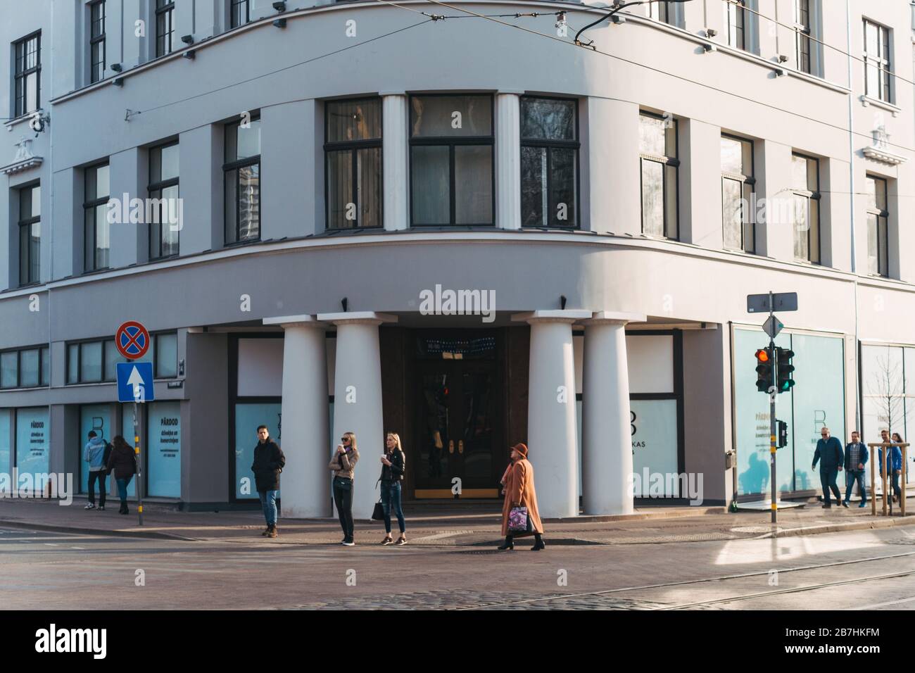 The neo-classicist Bibliotēkas Nams building in Riga, Latvia on a sunny winter afternoon. Built in 1910 as a national library, it is now apartments. Stock Photo