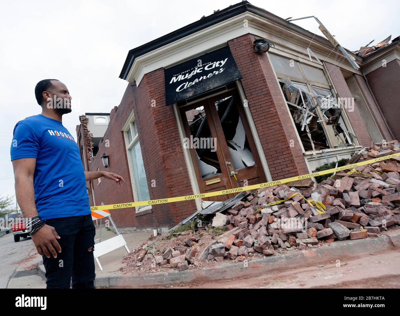USA. 16th Mar, 2020. Nashville, Joshua Mundy looks at the tornado-destroyed building where he owned the Music City Cleaners, The Lab and Events at 264 on Thursday, March 12, 2020, in Nashville, Tenn. Nas Joshua Mundy Business 00058 (Photo by Mark Zaleski/Nashville Tennessean/Imagn/USA Today Network/Sipa USA) Credit: Sipa USA/Alamy Live News Stock Photo