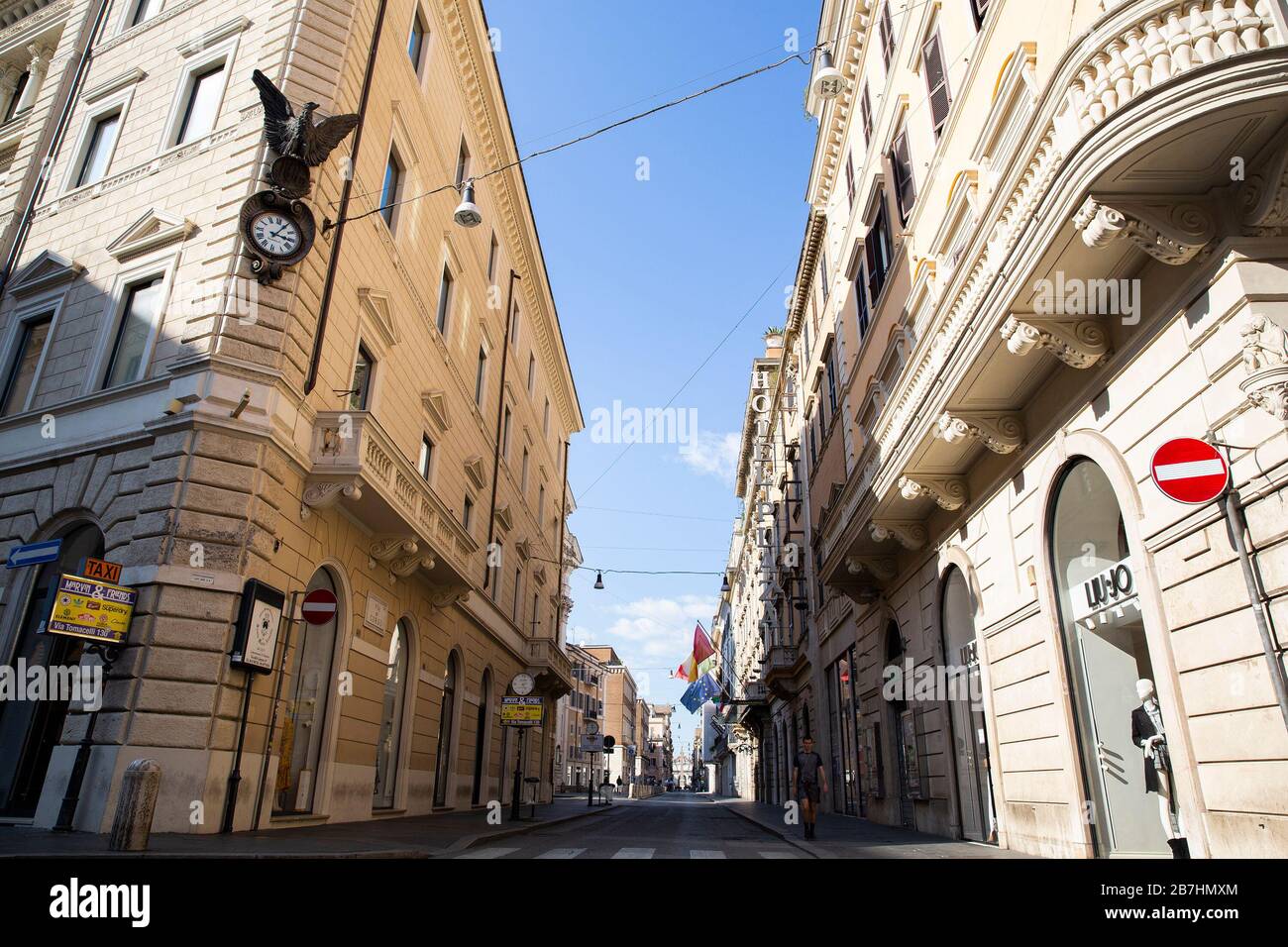 Roma, Italy. 15th Mar, 2020. A view of Via Del Corso in Rome during the  lockdown imposed nationwide by the Italian government that tries to tackle  the coronavirus outbreak in Rome, Italy