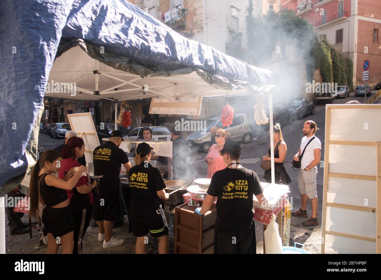 A pop up restaurant serving fried pizza in the Sanitá neighborhood of Naples, Italy Stock Photo