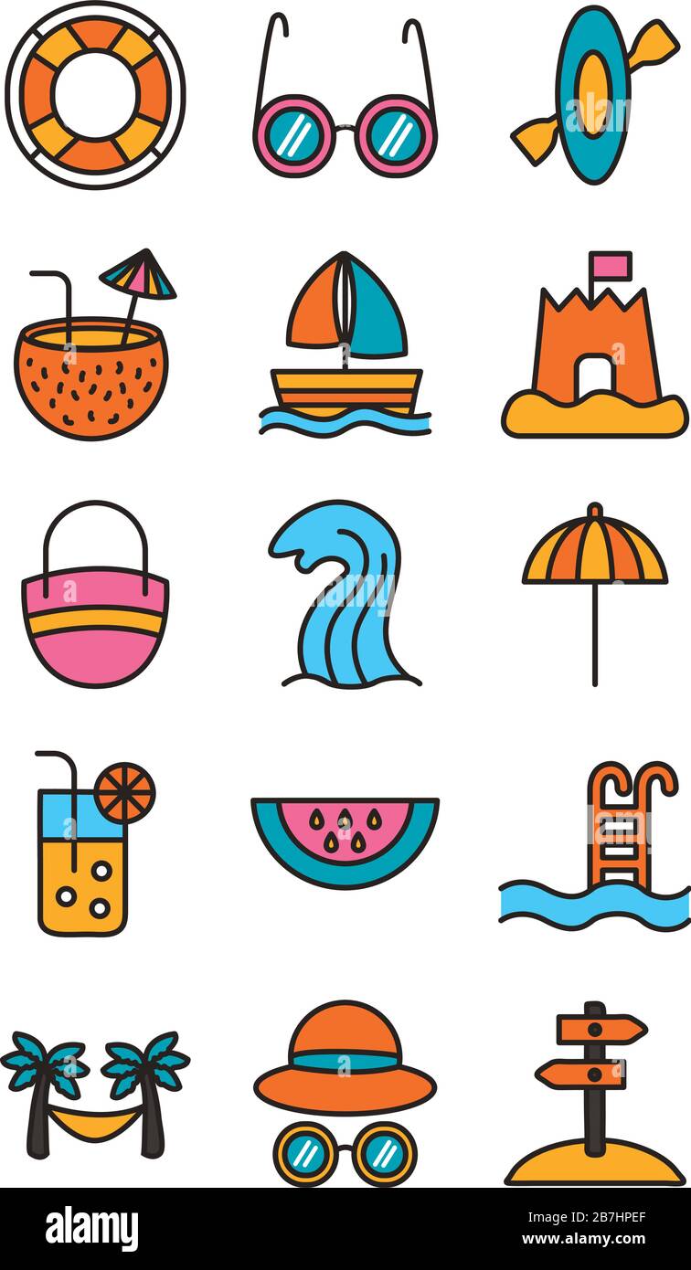 bundle of beach set line and fill icons Stock Vector Image & Art - Alamy