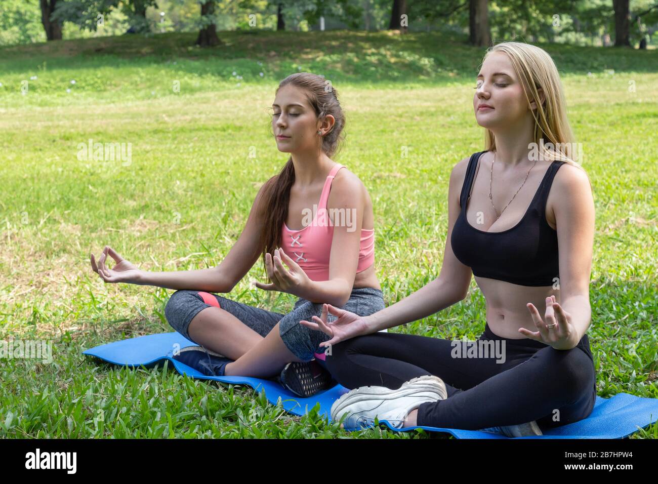 Two sports girls practice yoga Stock Photo - Alamy