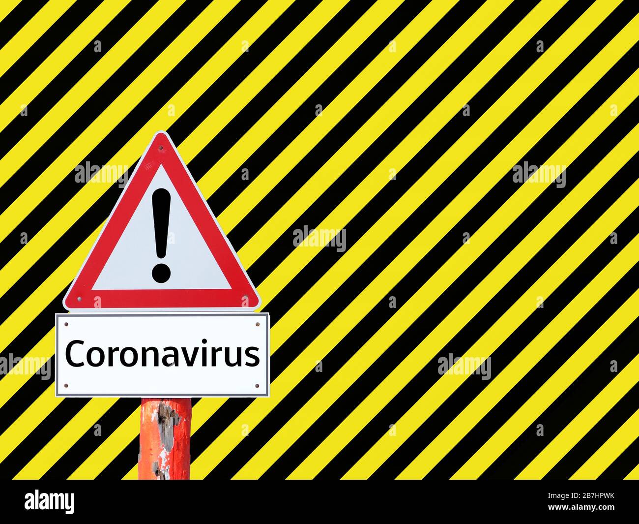 Warning sign corona virus yellow black stripes sign Stock Photo