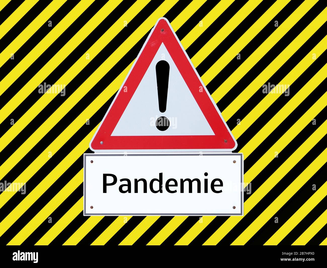 Warning sign pandemic yellow black stripes background Stock Photo