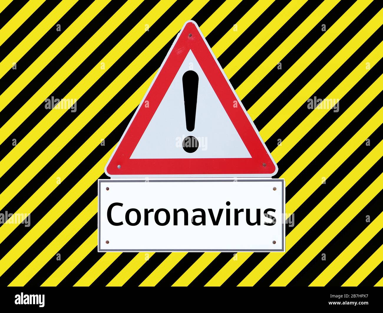 Warning sign corona virus yellow black stripes background Stock Photo