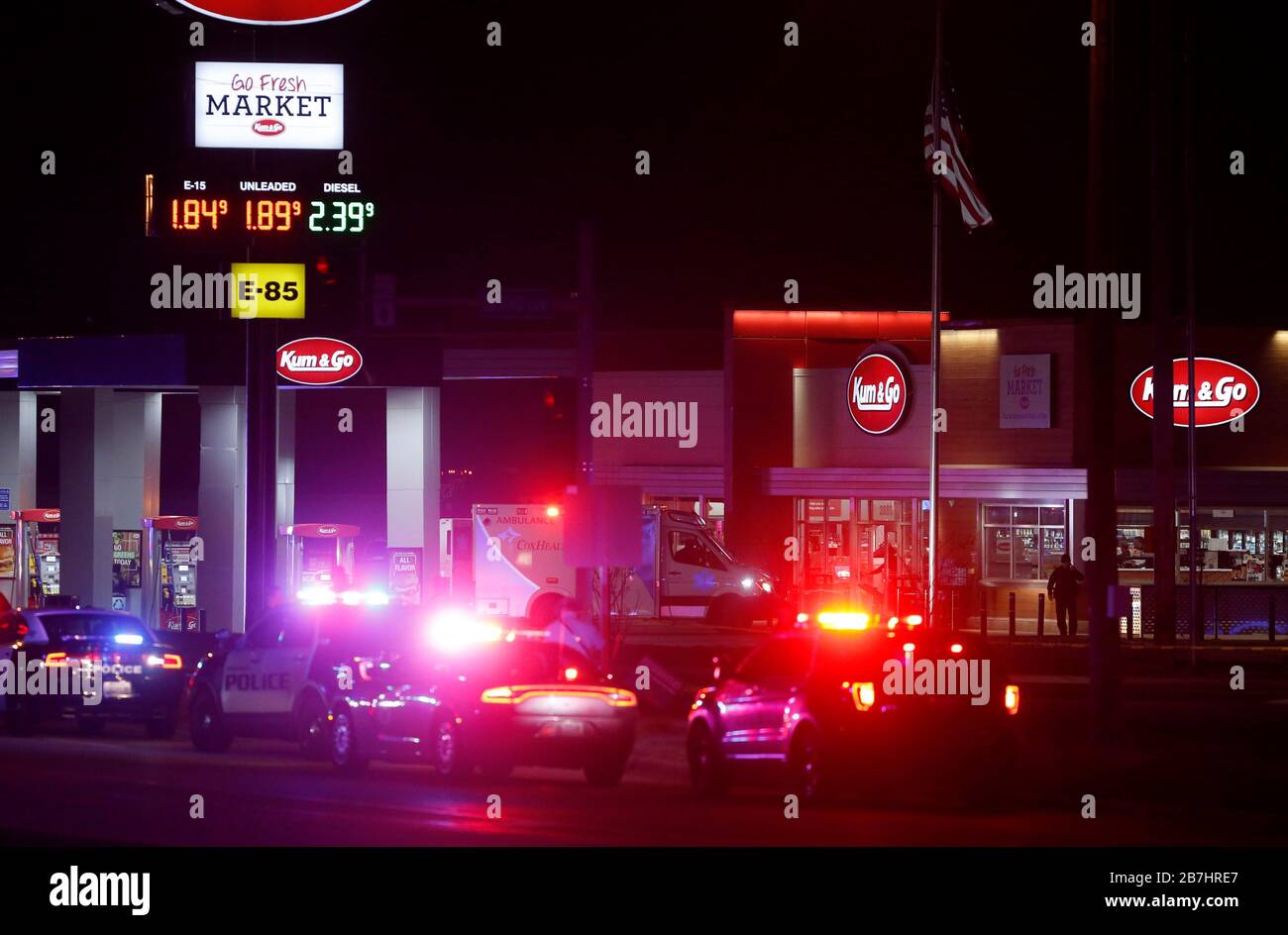Springfield, USA. 16th Mar, 2020. Springfield police say they responded to an active shooter situation late Mar. 15, 2020 night that includes at least one fatality. Tshooting00039 (Photo by Nathan Papes/Springfield News-Leader/Imagn /USA Today Network/Sipa USA) Credit: Sipa USA/Alamy Live News Stock Photo