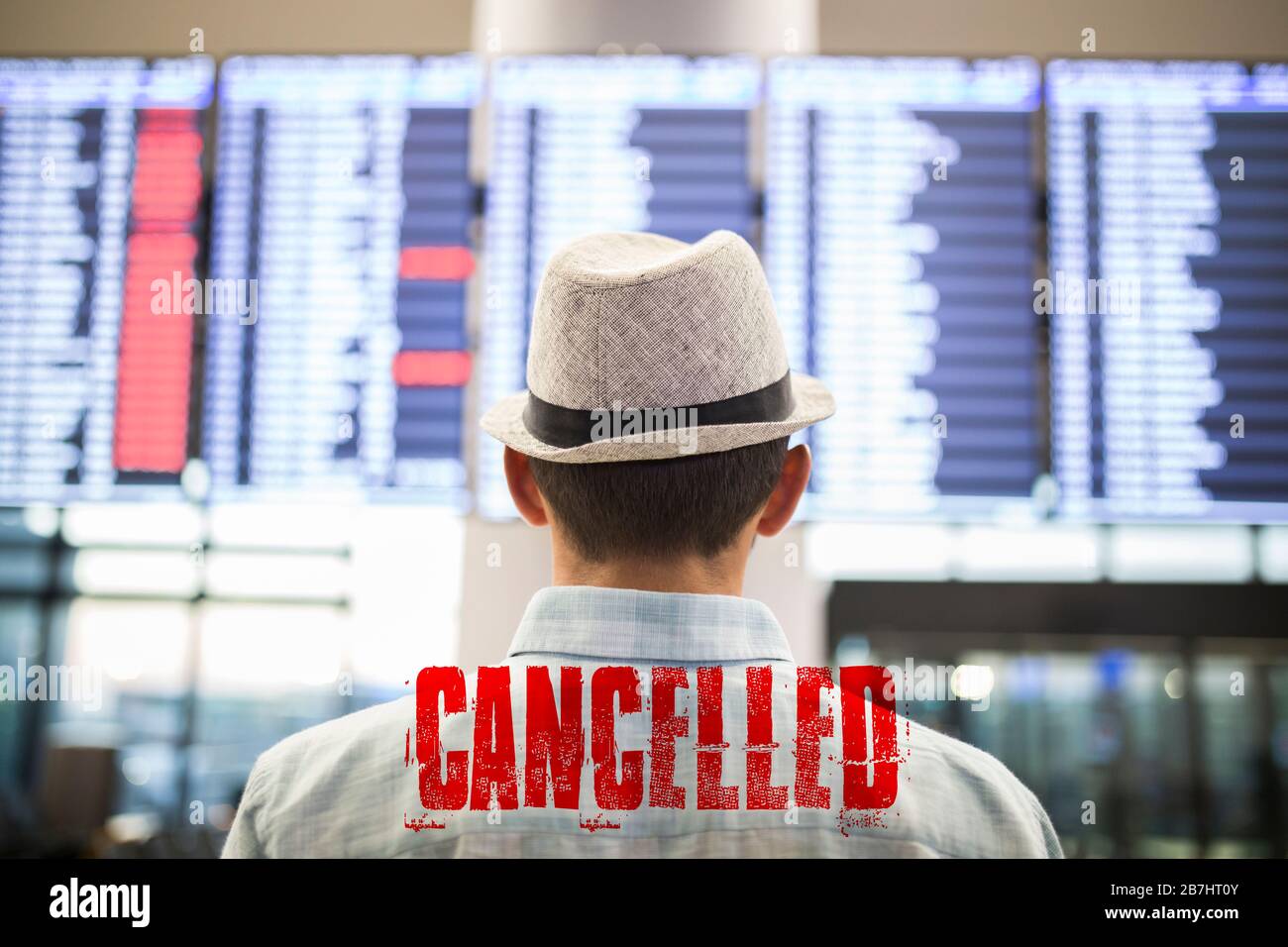 Cancelled flights due to coronavirus outbreak. Banned travels with airplanes. Stock Photo