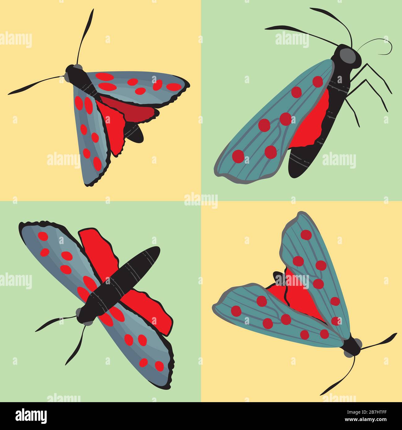 Six spot burnet butterfly seamless vector pattern background. Day flying moth illustration.Scottish coastal insect geometric backdrop.All over print Stock Vector