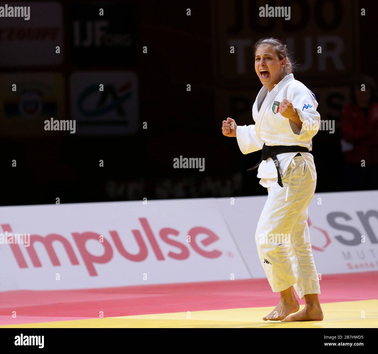 Paris, France - 08th Feb, 2020: Odette Giuffrida for Italy against Astride Gneto for France, Women's -52kg, Semi-Final (Credit: Mickael Chavet) Stock Photo
