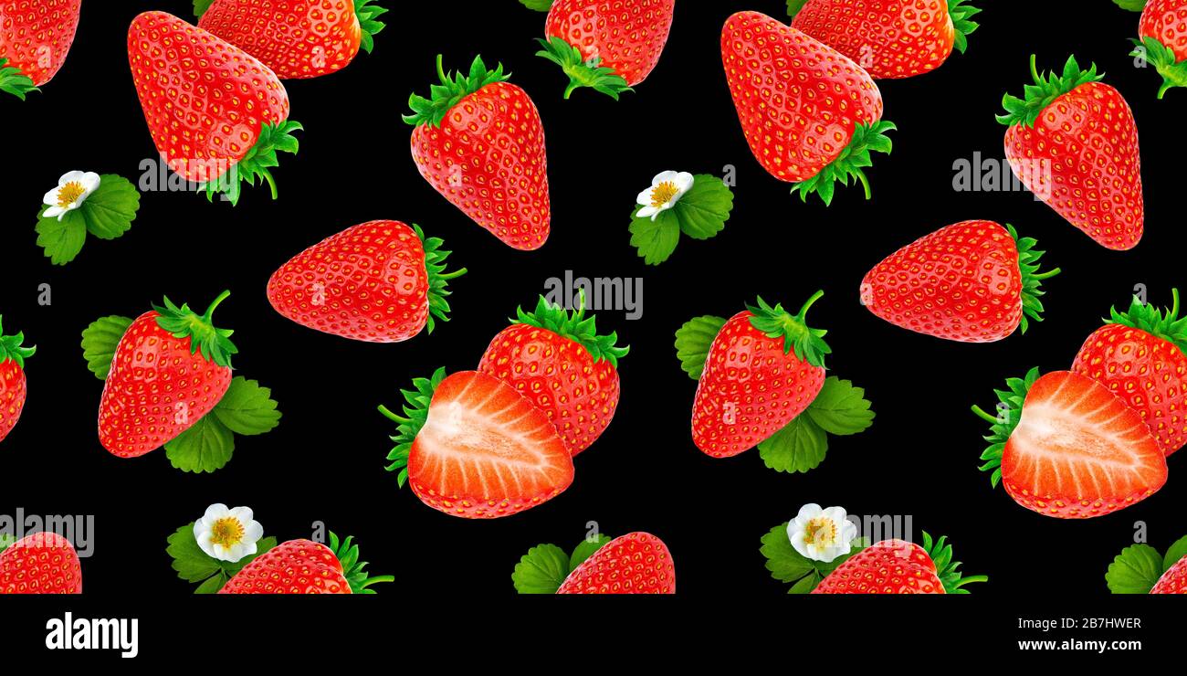 Strawberry seamless pattern on black background Stock Photo