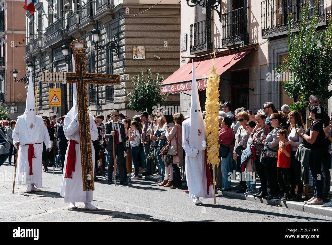 Madrid, Spain - April 14, 2019: Borriquita procession during Easter Week in Madrid. The holy week procession has been suspended because of the coronav Stock Photo