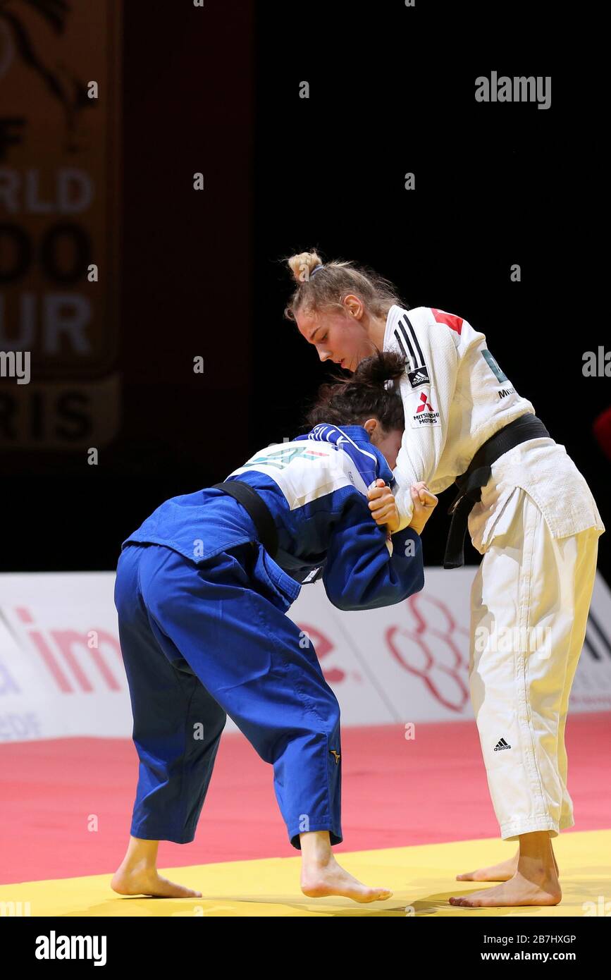Paris, France - 08th Feb, 2020: Daria Bilodid for Ukraine against Marine Gilly for France, Women's -48 kg, Round Three (Credit: Mickael Chavet) Stock Photo
