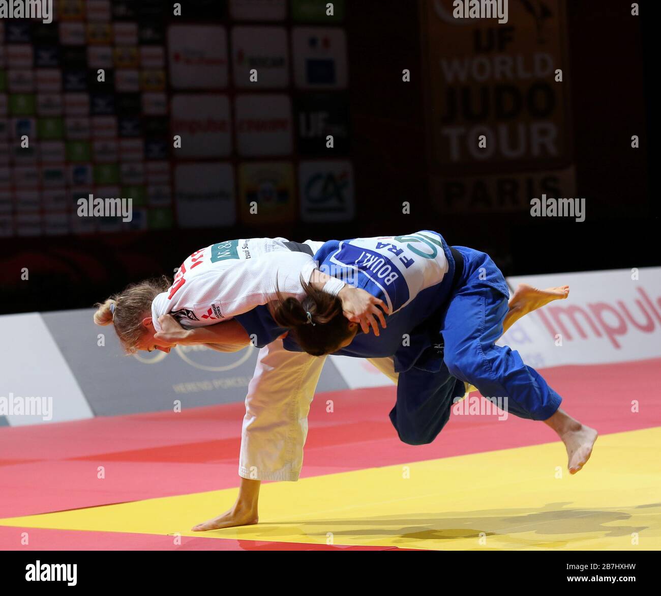 Paris, France - 08th Feb, 2020: Daria Bilodid for Ukraine against Shirine Boukli for France, Women's -48 kg, Semi-Final (Credit: Mickael Chavet) Stock Photo