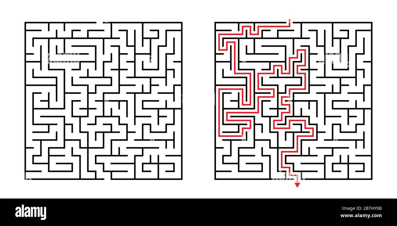 Vector Square Maze - Labyrinth with Included Solution in Black & Red. Funny Educational Mind Game for Coordination, Problems Solving, Decision Making Stock Vector
