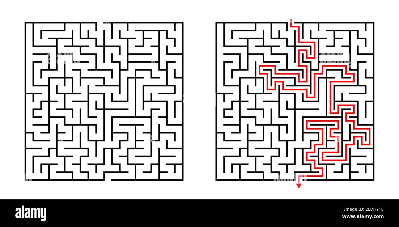 Vector Square Maze - Labyrinth with Included Solution in Black & Red. Funny Educational Mind Game for Coordination, Problems Solving, Decision Making Stock Vector