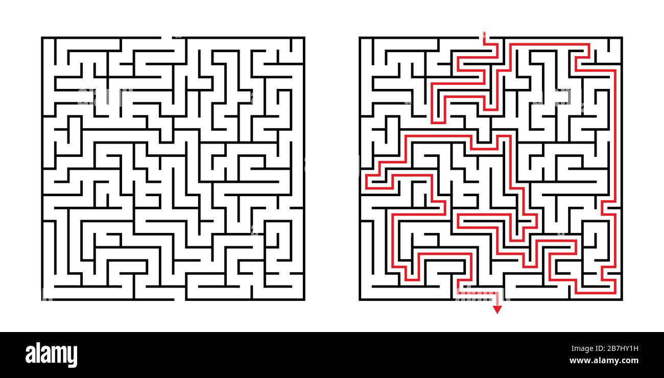 Vector Square Maze - Labyrinth with Included Solution in Black & Red. Funny Educational Mind Game for Coordination, Problems Solving, Decision Making Stock Vector