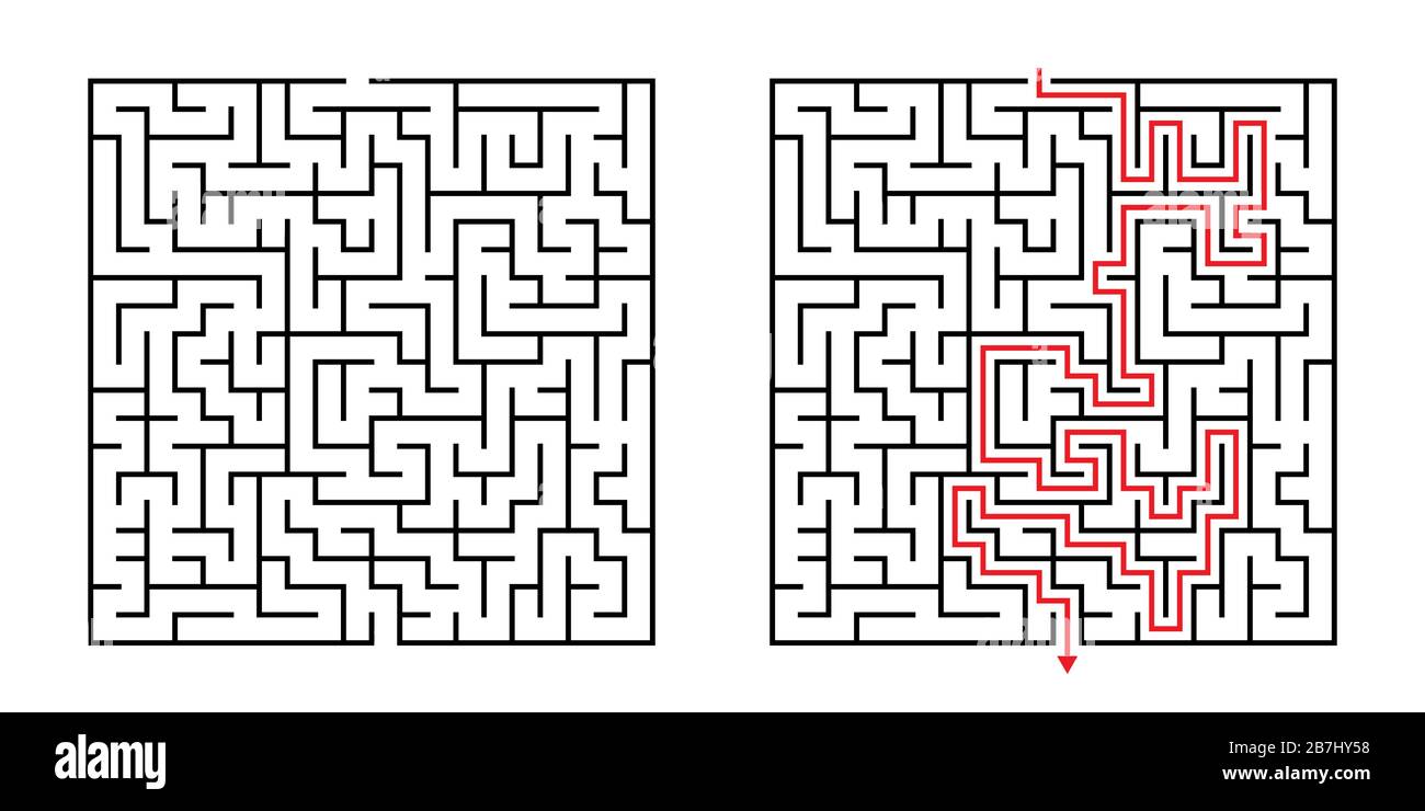 Vector Square Maze - Labyrinth with Included Solution in Black & Red. Funny Educational Mind Game for Coordination, Problems Solving, Decision Making Stock Vector