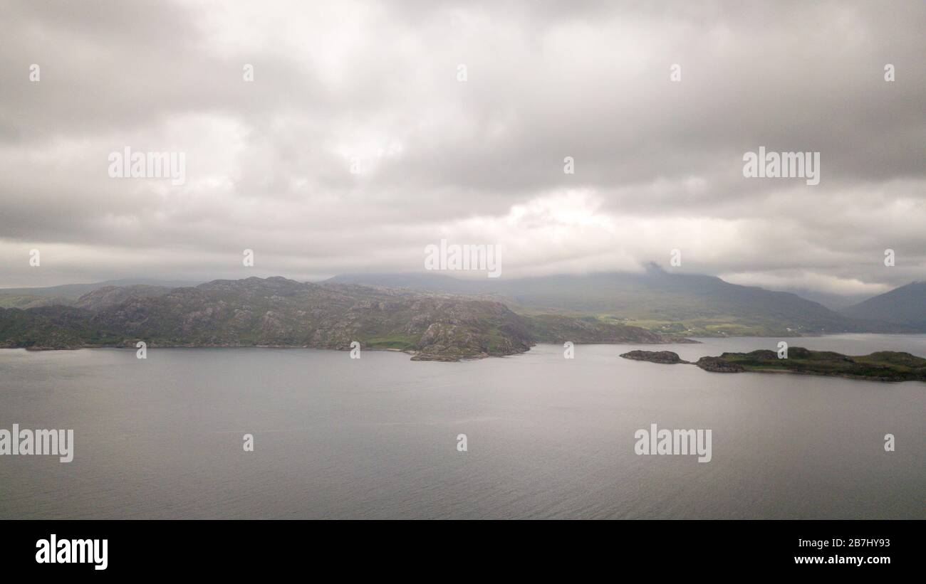 Loch Torridon, Scottish Highlands. An aerial view over a sea loch in the northwest of Scotland and the Highlands on a typically grey and overcast day. Stock Photo