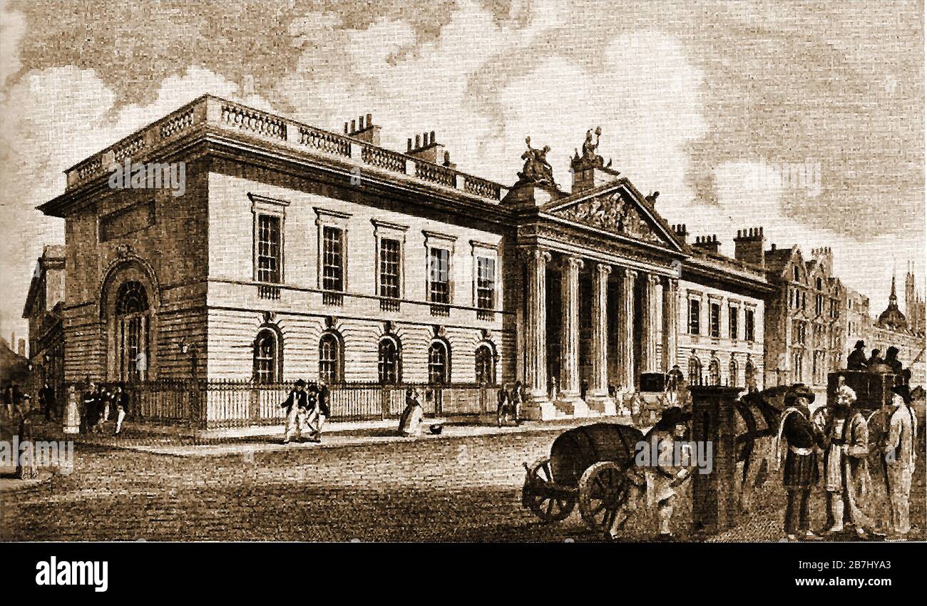 An interesting 1833 engraving showing foreign immigrants (Bottom right) outside East India House, Leadenhall Street, London, England - They appear to be an Arab, a Chinese and a Scotsman Next to them a man with a water wagon fills it from a water pump, whilst across the road one of two men appears to be the worse for drink. Lloyd's building, headquarters of Lloyd's of London, was built on the site of the former East India House. Stock Photo