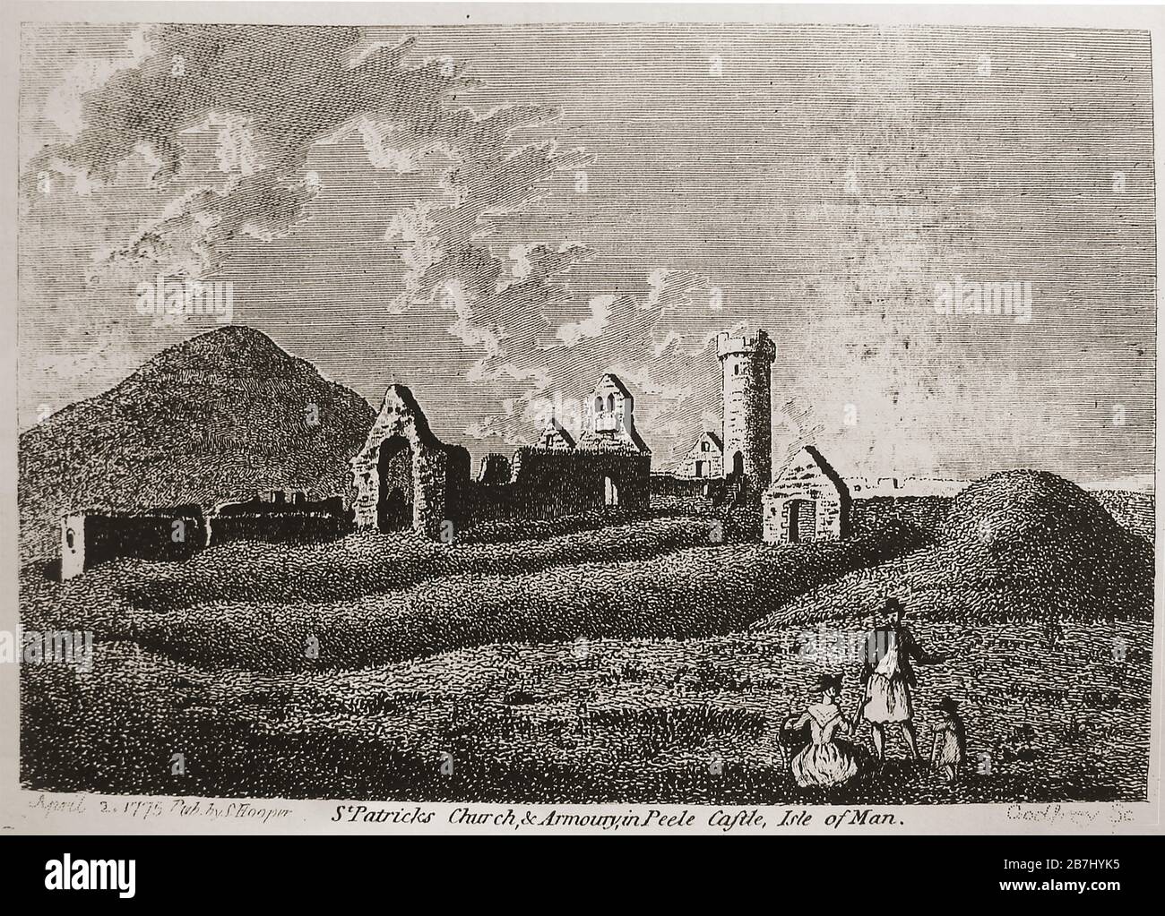 A 1775 engraving of the ruined St Patrick's church and armoury in Peele Castle (Cashtal Purt ny h-Inshey) , Isle of Man with a mother father and child possibly having a picnic . The castle was built in the 11th century by Vikings at the time of King Magnus Barefoot on thge site of a monastery. Peel Castle is one of the many places sited as being the original Arthurian Isle of Avalon. Stock Photo