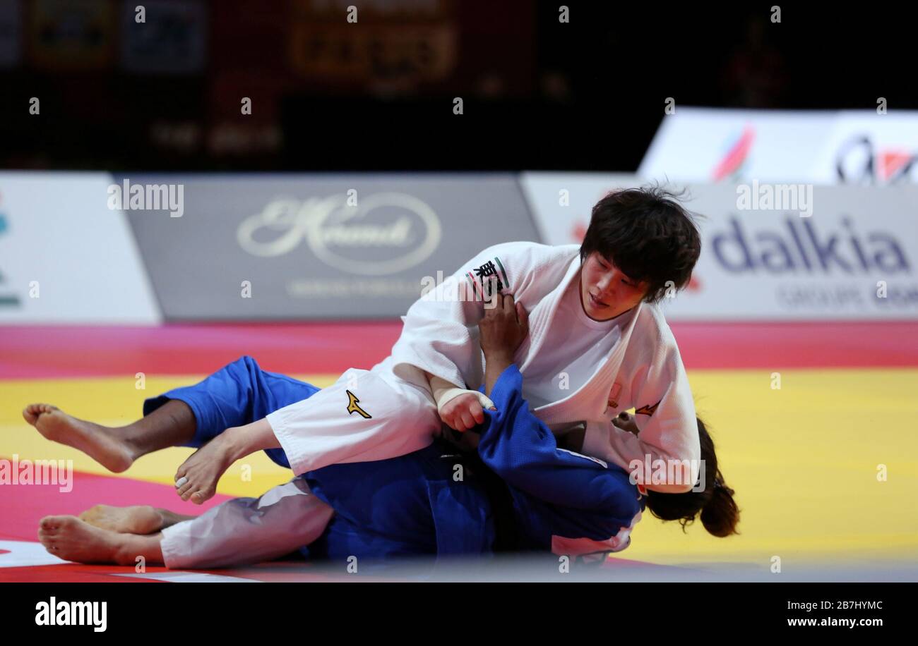 Paris, France - 08th Feb, 2020: Ai Shishime for Japan against Astrid Gneto for France, Women's -52kg, Bronze Medal Match (Credit: Mickael Chavet) Stock Photo