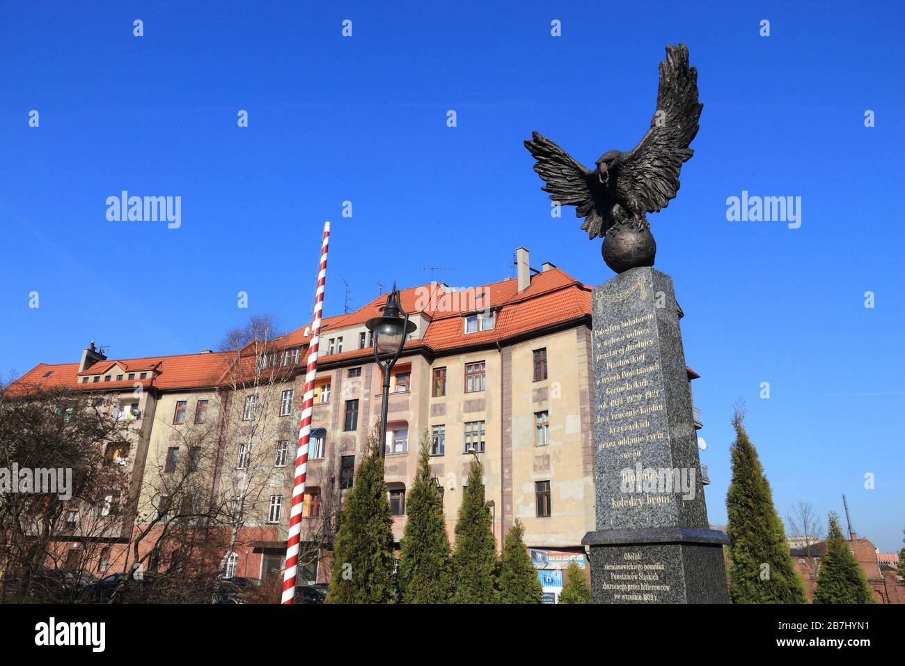SIEMIANOWICE SLASKIE, POLAND - MARCH 9, 2015: Monument to Silesian Uprisings (Powstania Slaskie) in Siemianowice Slaskie, Poland. It is located on for Stock Photo