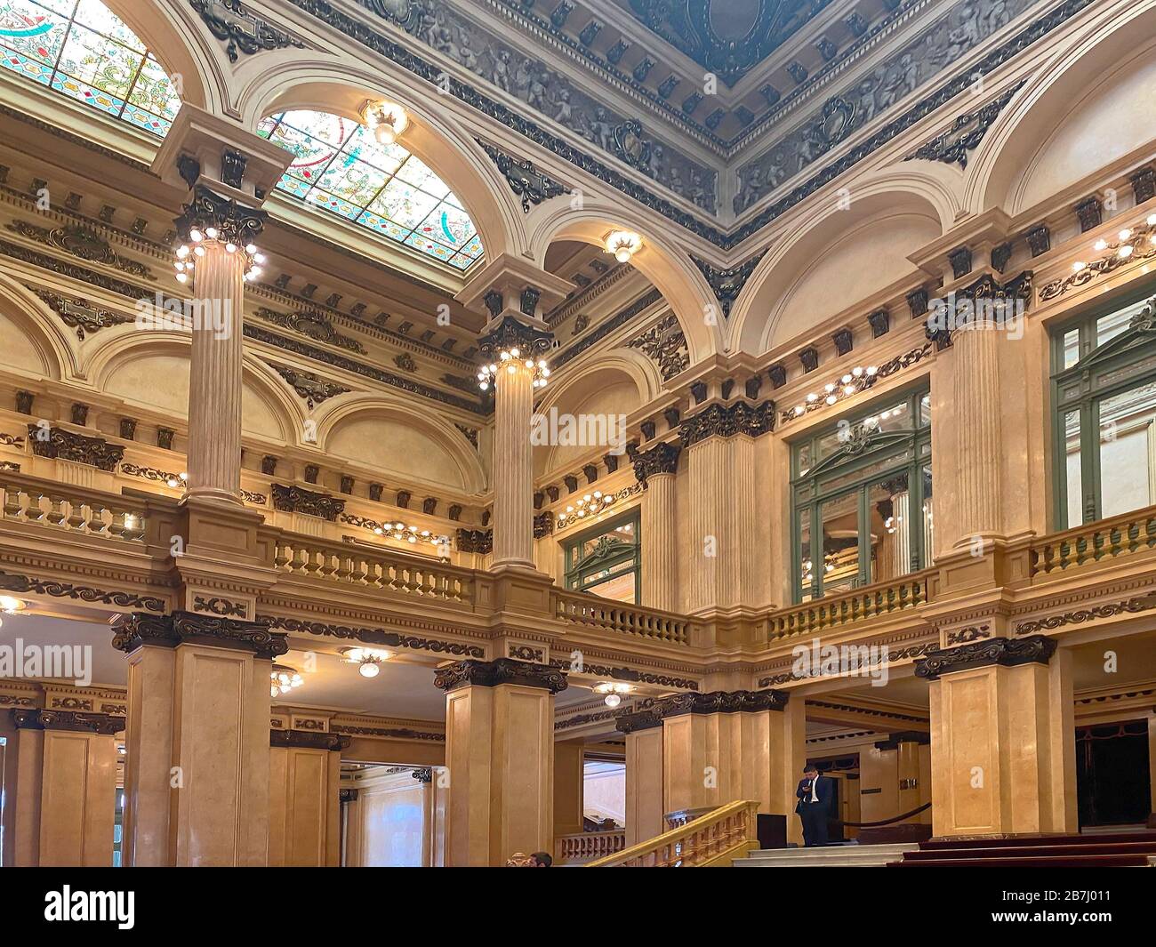 El Teatro Colon; Opera house; 1908; elegant interior; foyer; stained glass windows, arches, South America; Buenos Aires; Argentina; summer Stock Photo