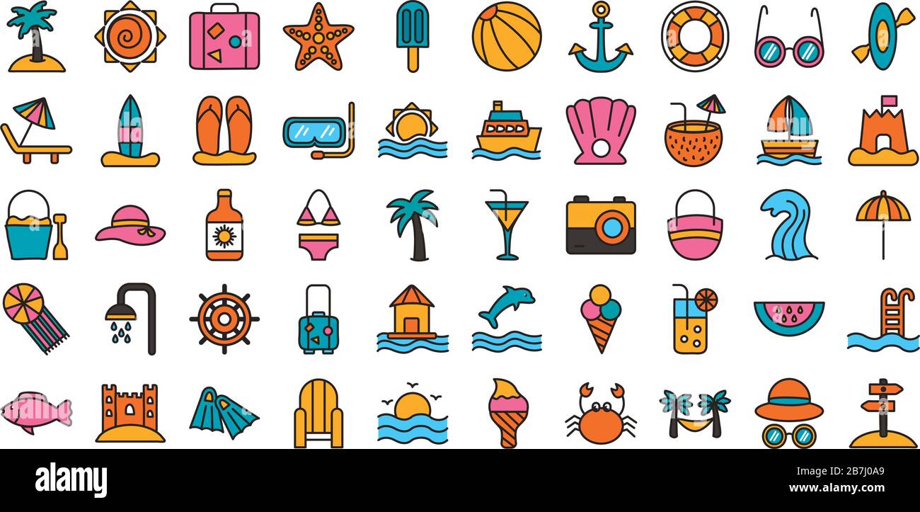 bundle of beach set line and fill icons Stock Vector Image & Art - Alamy