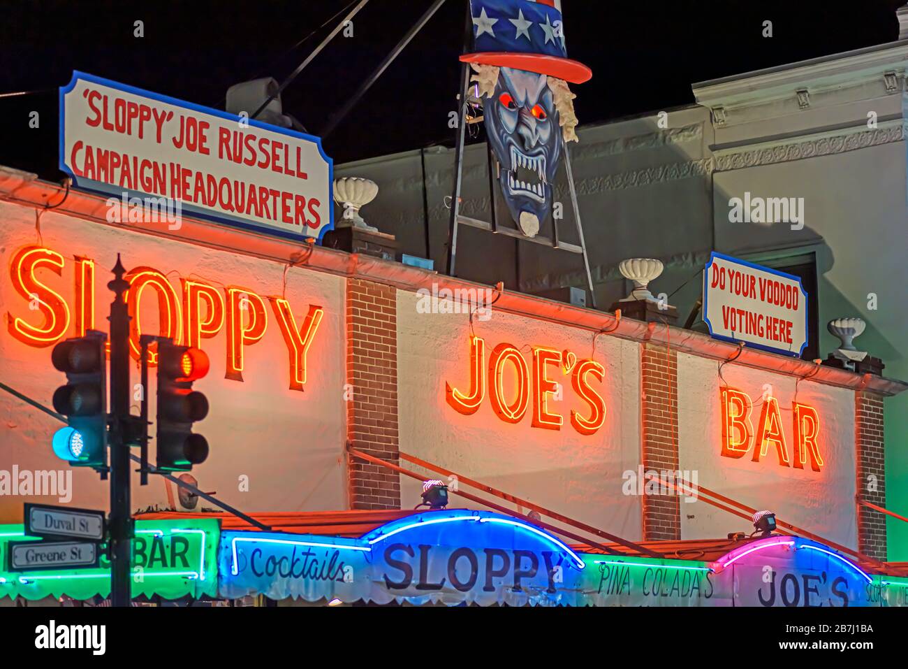 Key West Florida USA 10/25/2016 Night time photo of Slopppy Joe's Bar on the corner of Duval St. and Greene St. Fantasy Fest and election year. Stock Photo