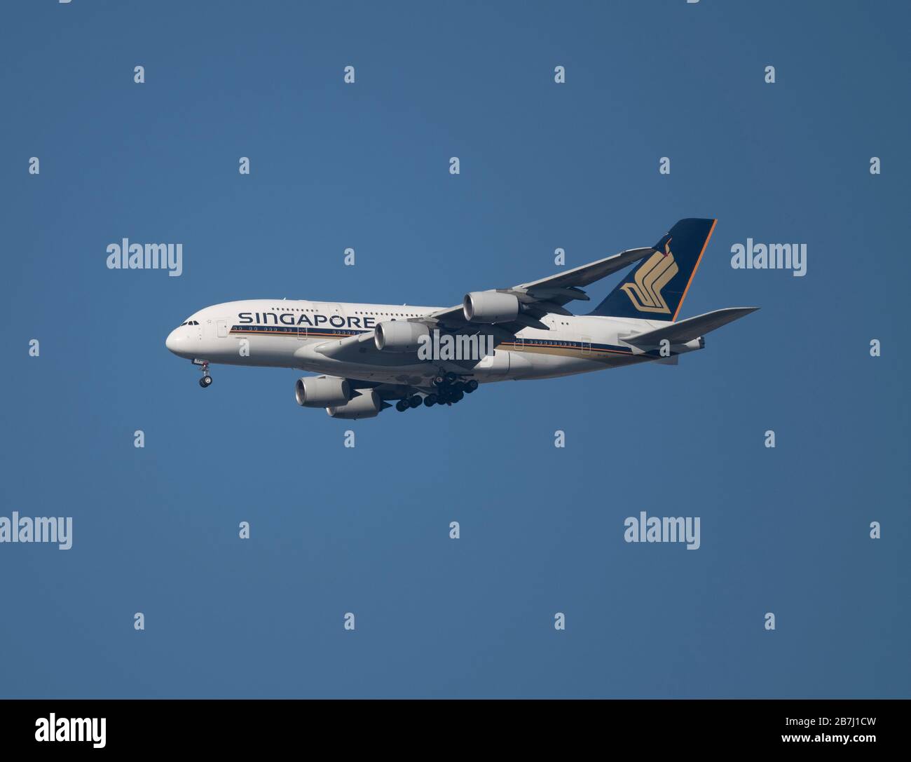 16th March 2020, London, UK. Singapore Airlines Airbus A380 - MSN 82 9V-SKR on approach to Heathrow, arriving from Singapore. Stock Photo