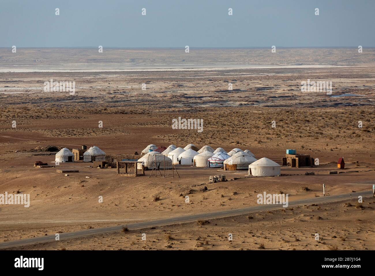 A Yurt camp at the entrance to the site of the Ayaz Kala Fort site in Uzbekistan Stock Photo