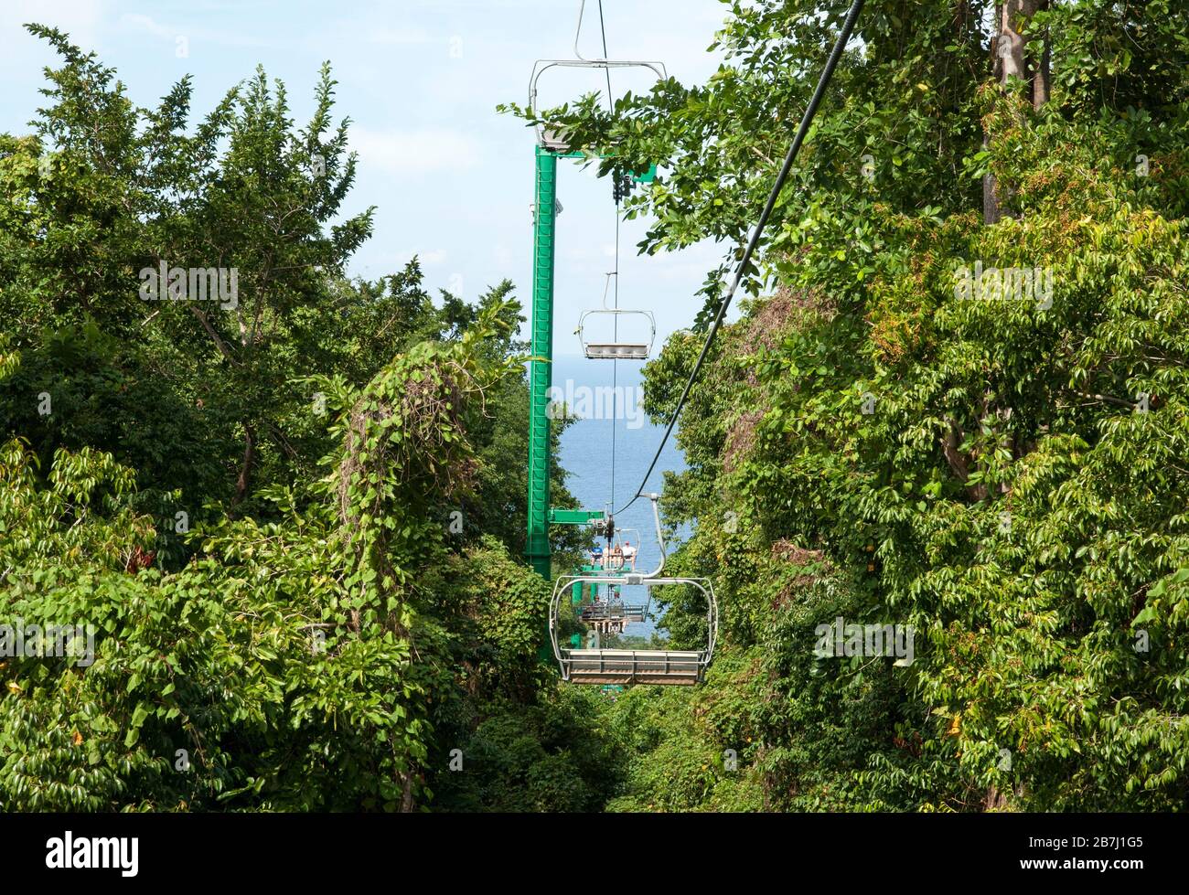 The view of a cable transporting tourists from Ocho Rios downtown to the top of Mystic Mountain (Jamaica). Stock Photo