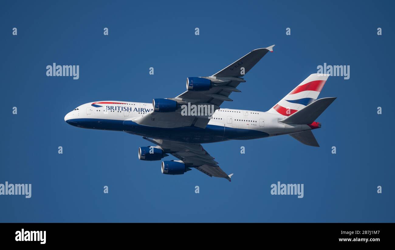16th March 2020, London, UK. British Airways Airbus A380-841 G-XLEJ on approach to Heathrow, arriving from Los Angeles. Stock Photo
