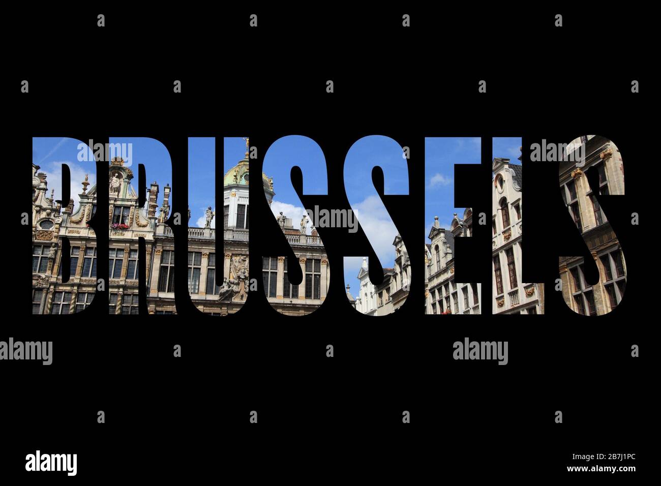 Brussels, Belgium - city name text with photo in background. Stock Photo