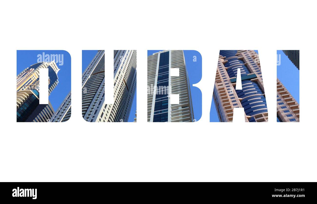 Dubai, UAE city name text sign with photo in background Stock Photo