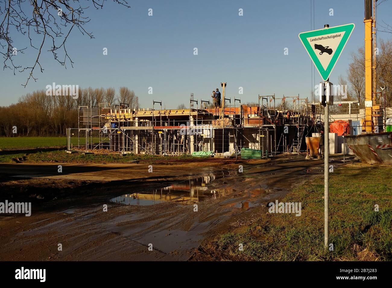 New construction project, new building development in nature conservation area, loss of nature preserve, landscape loss, Germany, 2020 Stock Photo