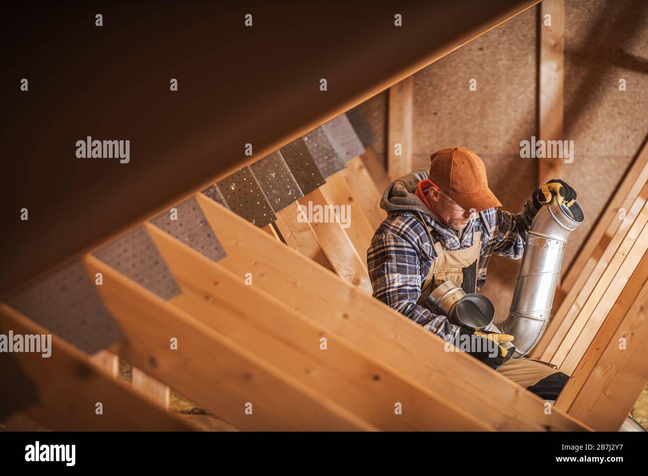 Professional Technician Building New System Using Metal Pipes Heating And Cooling Specialist Home Ventilation Theme Stock Photo Alamy