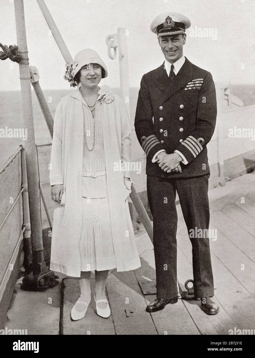 The Duke and Duchess of York aboard the H.M.S. Renown in 1927. Prince Albert Frederick Arthur George, Duke of York, future George VI, 1895 – 1952. King of the United Kingdom and the Dominions of the British Commonwealth. Duchess of York, future Queen Elizabeth, The Queen Mother. Elizabeth Angela Marguerite Bowes-Lyon, 1900 – 2002. Wife of King George VI and mother of Queen Elizabeth II. From King George the Sixth, published 1937. Stock Photo