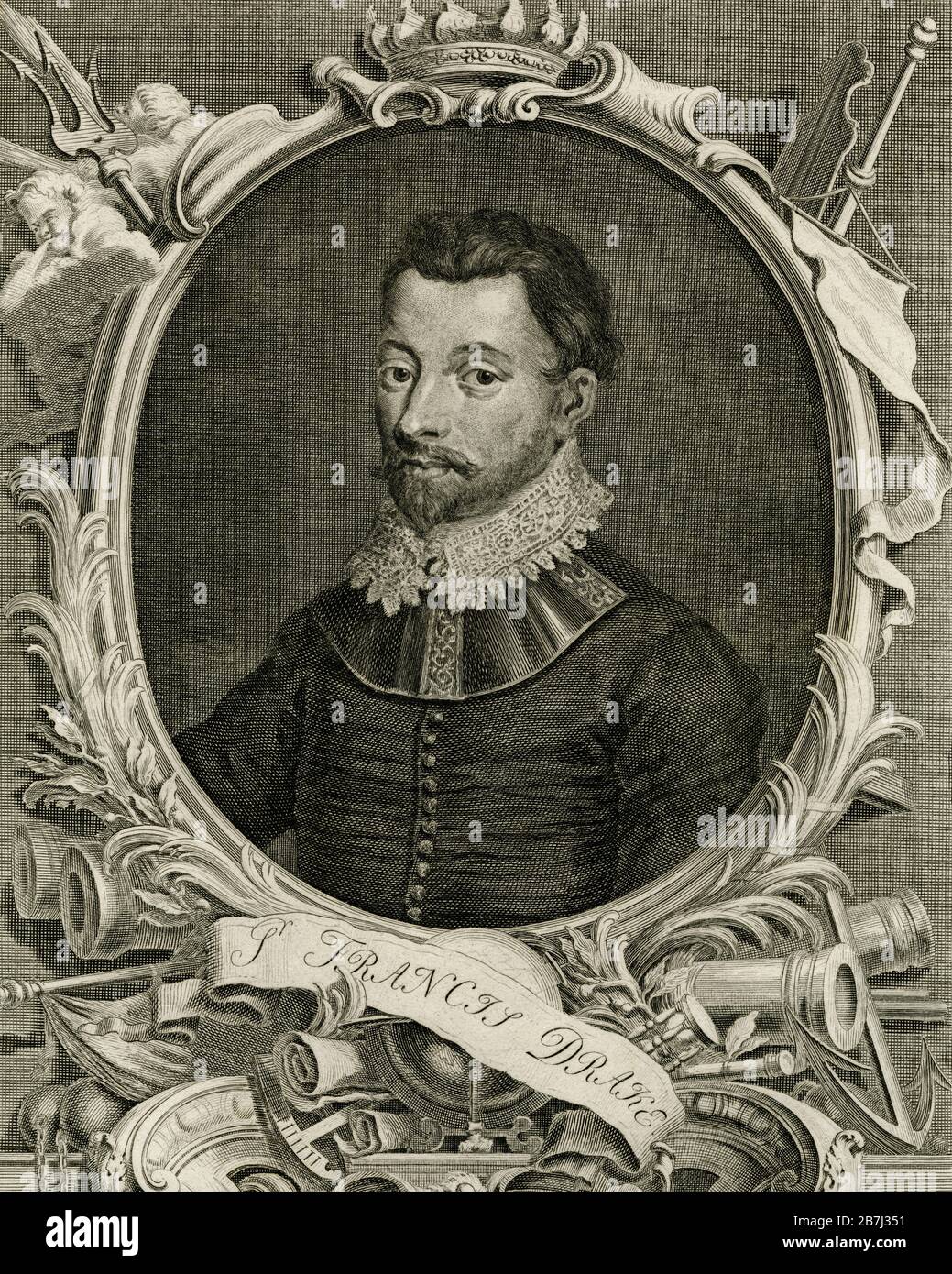 Sir Francis Drake (1540-1596), sea captain and circumnavigator of the world.  Detail of copperplate engraving, published in about 1746, by Dutch engraver, Jacobus Houbraken (1798 - 1780).  In 1588, as Vice-Admiral of the English fleet, Drake defeated the Spanish Armada and thwarted an attempted invasion of England by King Philip II of Spain.  This engraving includes details relating to Drake's life, including a sea battle in progress, a trident, a ship's mast, cannon, an anchor and, surmounting the portrait, a crown, decorated with the sterns of sailing ships. Stock Photo