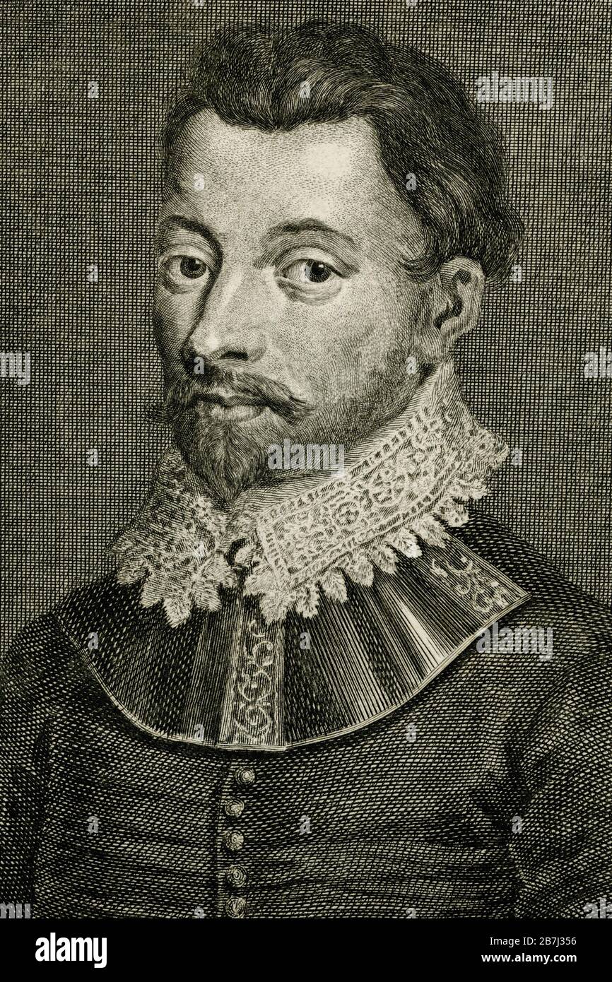 Sir Francis Drake (1540-1596), sea captain and circumnavigator of the world.  Close detail of copperplate engraving, published in about 1746, by Dutch engraver, Jacobus Houbraken (1798 - 1780).  In 1588, as Vice-Admiral of the English fleet, Drake defeated the Spanish Armada and thwarted an attempted invasion of England by King Philip II of Spain. Stock Photo