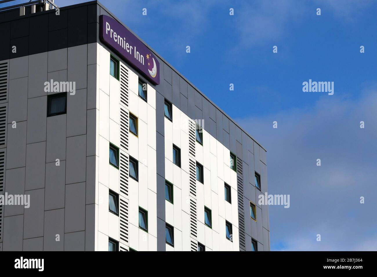 BRADFORD, UK - JULY 11, 2016: Premier Inn hotel in Bradford, UK. It is the largest hotel chain in the UK with 50,000 rooms in 650 hotels. Stock Photo