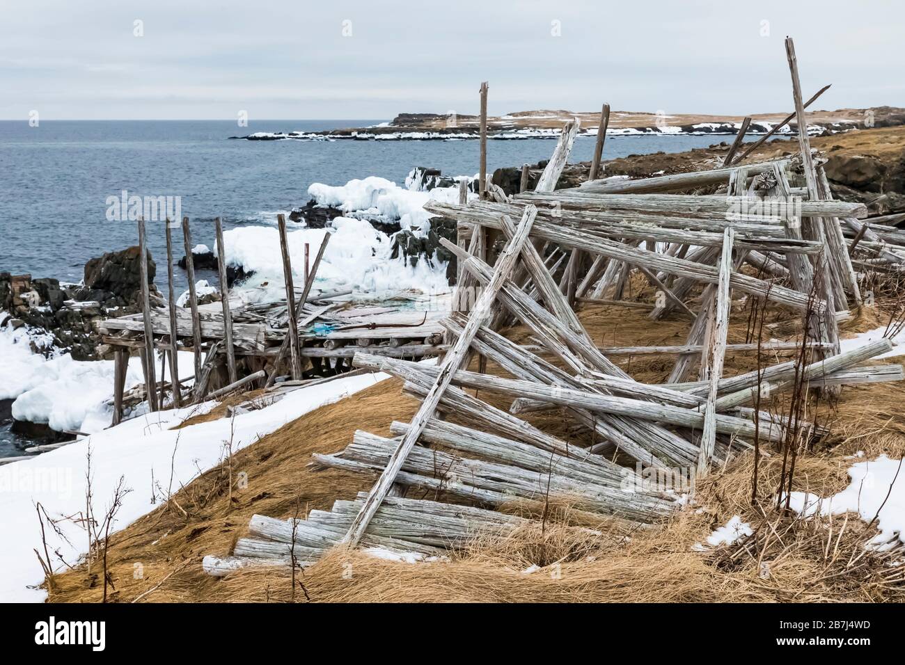 Fish flake, a wooden platform for drying salt cod in the wind and sun, on the Bonavista Peninsula of Newfoundland, Canada Stock Photo