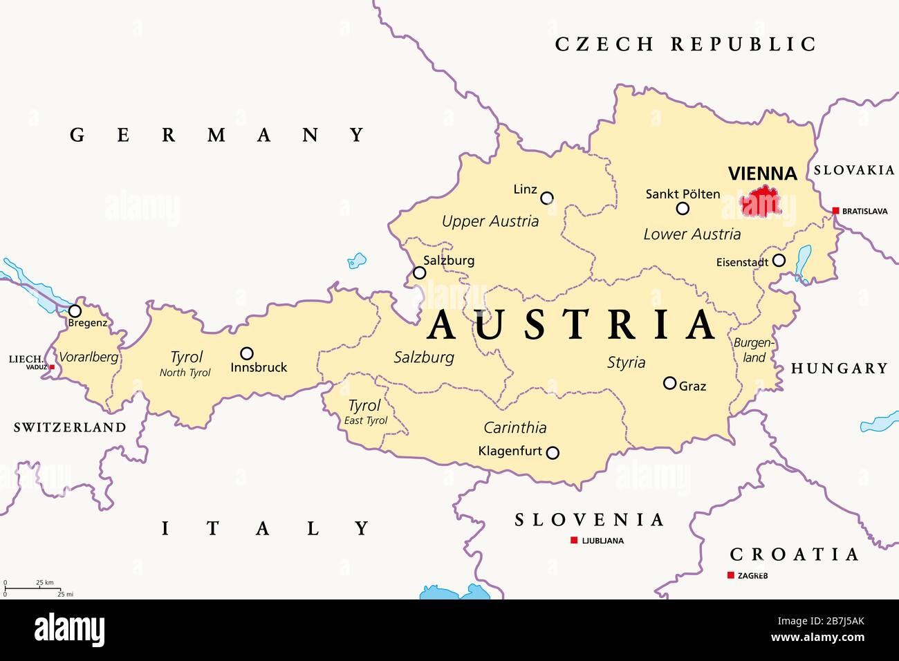 Austria, political map, with the capital Vienna, nine federated states and their capitals. With borders and the neighbor countries. English labeling. Stock Photo