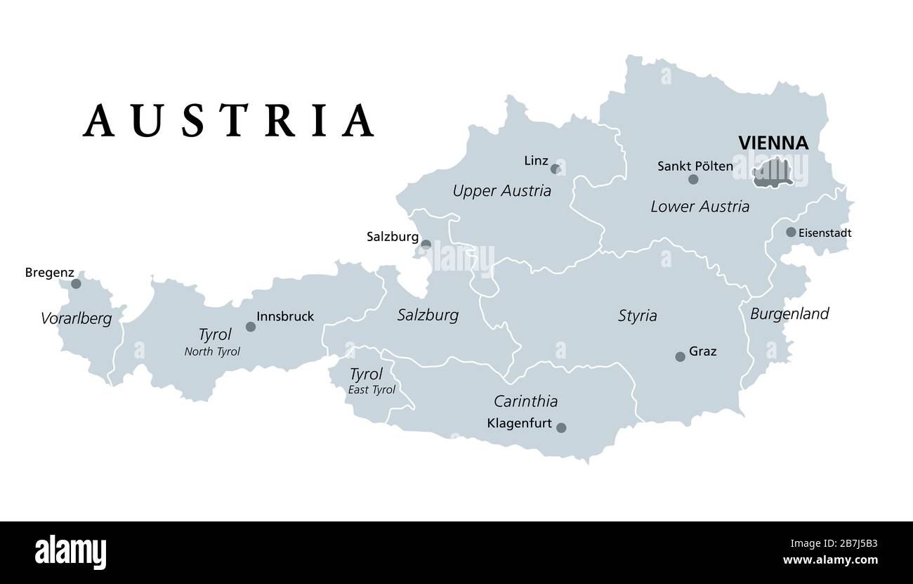Austria, gray colored political map, with the capital Vienna, nine federated states, the capitals and borders. English labeling. Isolated illustration Stock Photo